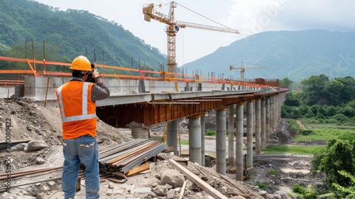 A civil engineer inspecting a bridge under construction, ensuring its safety and integrity
