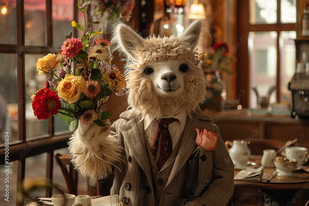 Fototapeta premium An alpaca wearing a suit and tie is sitting in a cafe, holding a bouquet of flowers.