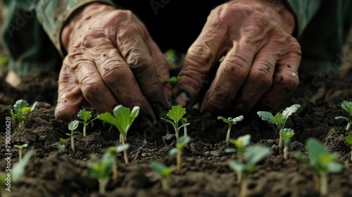 A close-up of a farmer's hands carefully tending to delicate seedlings, showcasing the nurturing aspect of agriculture photo
