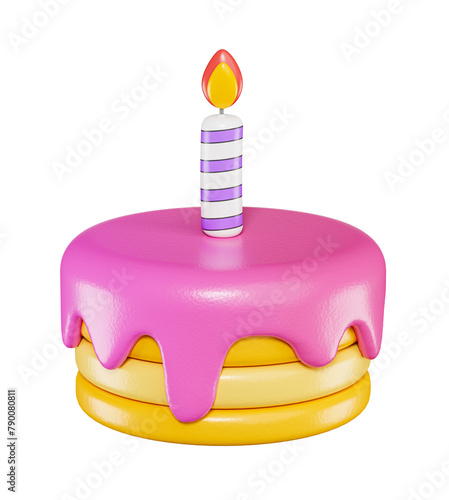 3D birthday cake with candle isolated. cartoon style icon. 3d rendering
