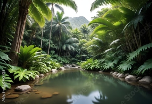 Lush tropical river winds through vibrant jungle foliage