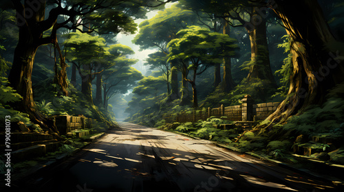 A road in the forest with dense trees around it © ma