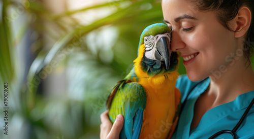 A beautiful female bird doctor with brown hair smiles while holding and looking at the colorful parrot in her hands photo