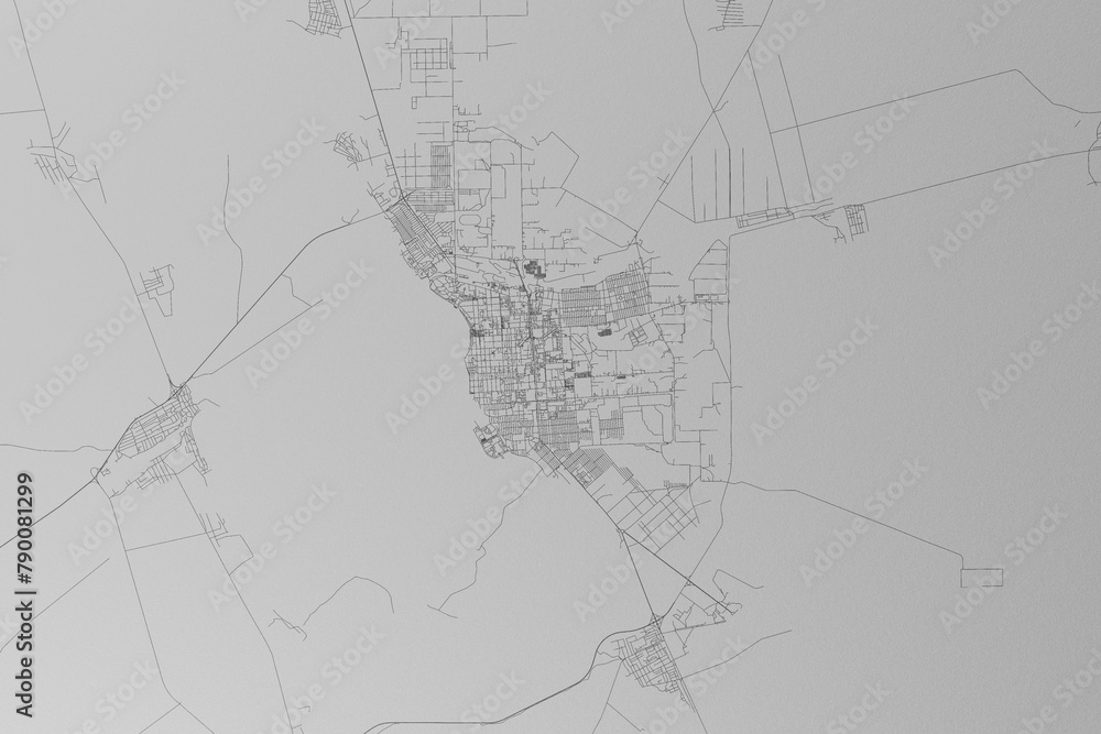 Map of the streets of Pavlodar (Kazakhstan) made with black lines on grey paper. Top view. 3d render, illustration