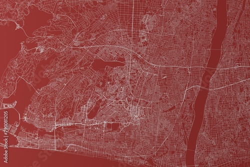 Map of the streets of Hamamatsu (Japan) made with white lines on red background. Top view. 3d render, illustration