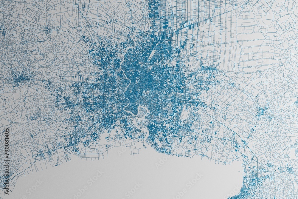 Obraz premium Map of the streets of Bangkok (Thailand) made with blue lines on white paper. 3d render, illustration