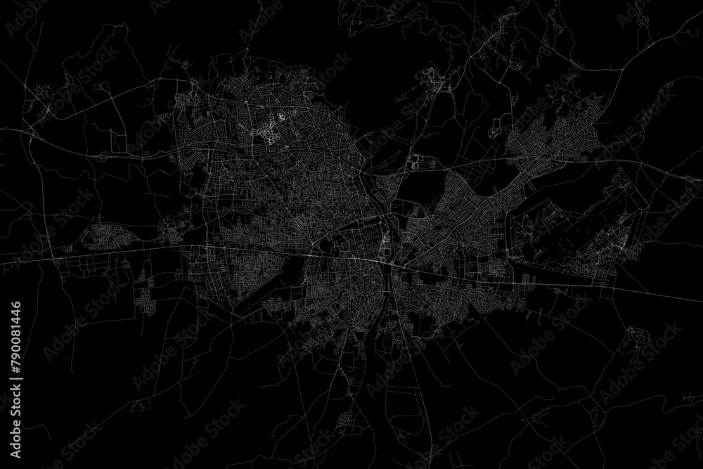 Stylized map of the streets of Adana (Turkey) made with white lines on black background. Top view. 3d render, illustration
