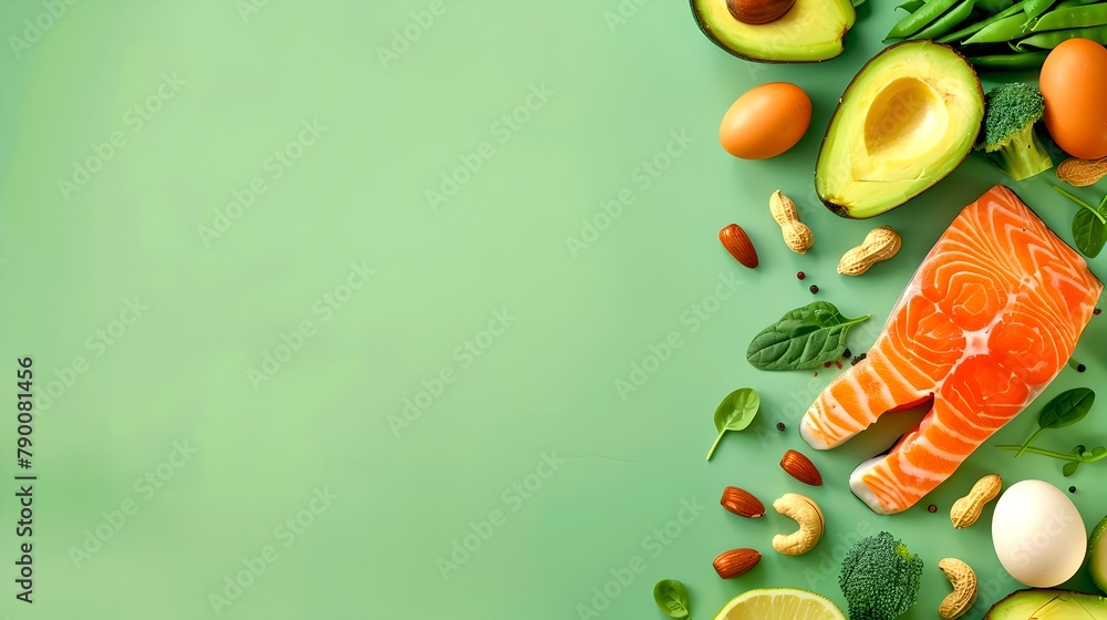 Fresh avocado, salmon, and vegetables on a green background. Perfect for healthy lifestyle themes. Conceptual food photography. Ideal for culinary blog. AI