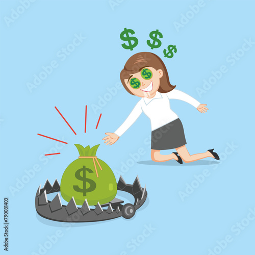 Woman money eyes takes dollars from a bear trap. Flat, Vector, Illustration, Cartoon, EPS10. 