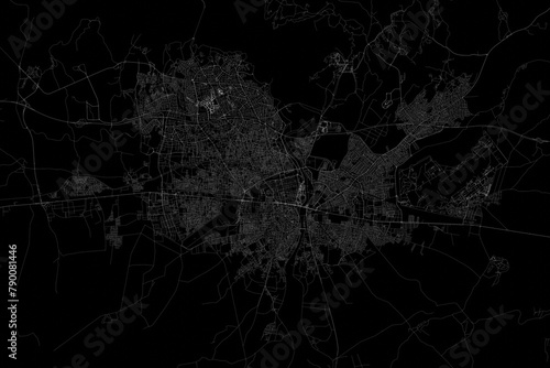 Stylized map of the streets of Adana (Turkey) made with white lines on black background. Top view. 3d render, illustration photo