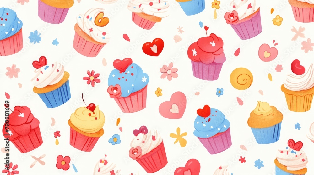 Illustrate your designs with this stock 2d featuring cupcakes adorned with hearts flowers and a charming blue outline on a pristine white backdrop Perfect for embellishing your ideas includ Illustrate your designs with this stock 2d featuring cupcakes adorned with hearts flowers and a charming blue outline on a pristine white backdrop Perfect for embellishing your ideas includ