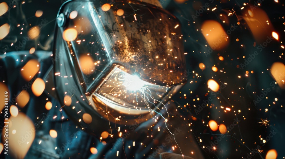 welder's mask sparks flying as they join two pieces of metal together.