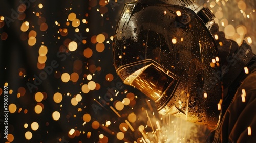 welder's mask sparks flying as they join two pieces of metal together. photo