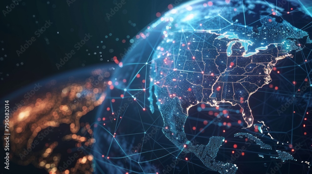 Digital world globe centered on USA, concept of global network and connectivity on Earth, data transfer and cyber technology, information exchange and international telecommunication