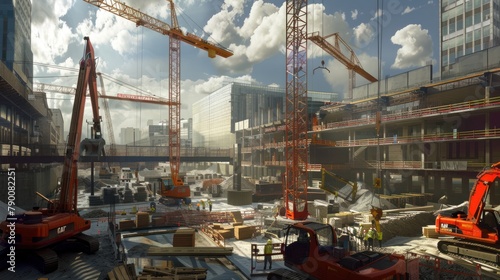 A construction site bustling with activity, cranes towering overhead, symbolizing progress and development