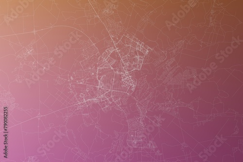 Map of the streets of Gomel (Belarus) made with white lines on pinkish red gradient background. Top view. 3d render, illustration photo