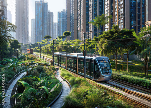A light rail train with an exterior in shades of blue and green, passing through lush parklands along the city's streets.