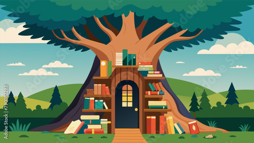 A giant hollowedout tree trunk filled with books and serving as a unique and natural little library in a wooded area.