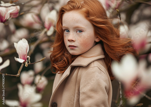 Portrait of a red-haired girl in a magnolia tree