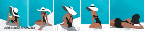  Vector set of banner poster on the theme of vacation tourism, different beautiful girls no face in a bikini with beach accessories in different poses sunbathe and swim in the pool.