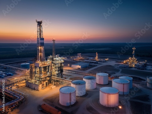 Aerial view of an expansive oil refinery illuminated at dusk, showcasing storage tanks and towering structures against a gradient evening sky. photo