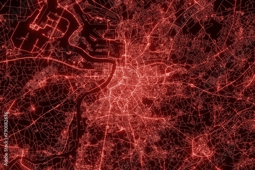 Street map of Antwerp (Belgium) made with red illumination and glow effect. Top view on roads network. 3d render, illustration