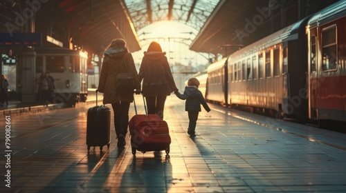 A family with suitcases walking towards a train station, ready to embark on a memorable train journey together