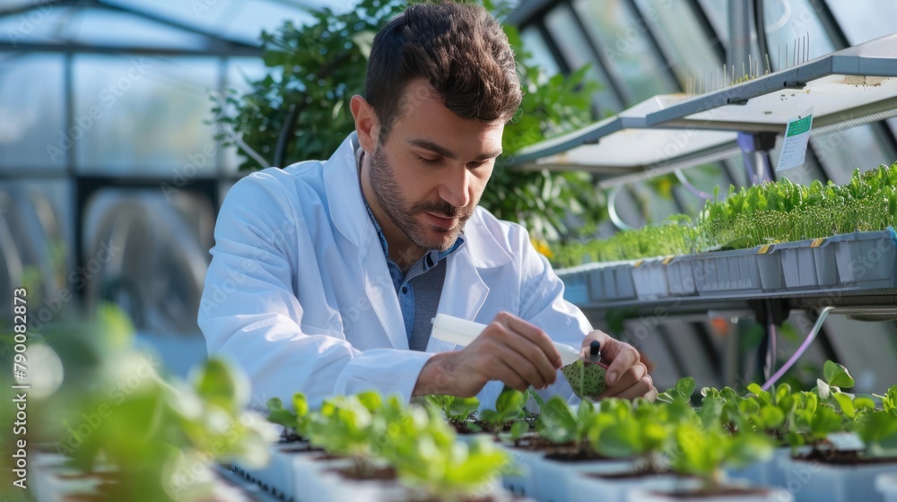 A farmer in a lab coat carefully examining seedlings in a greenhouse, fostering innovation in sustainable agriculture A farmer in a lab coat carefully examining seedlings in a greenhouse, fostering innovation in sustainable agriculture