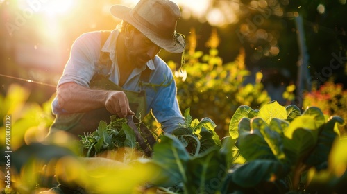 A farmer harvesting organic vegetables with a hand-held tool, sunlight dappling their face with a warm glow