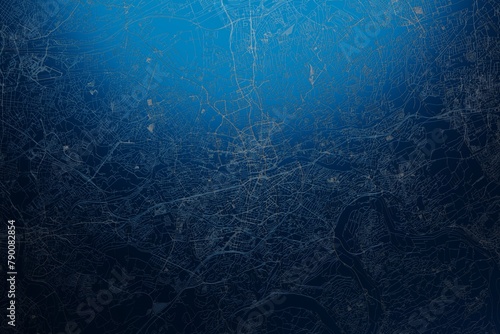 Street map of Essen (Germany) engraved on blue metal background. View with light coming from top. 3d render, illustration