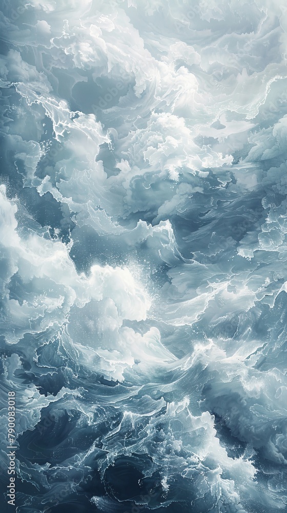 A detailed painting showcasing a vast body of water, with waves crashing and birds flying overhead