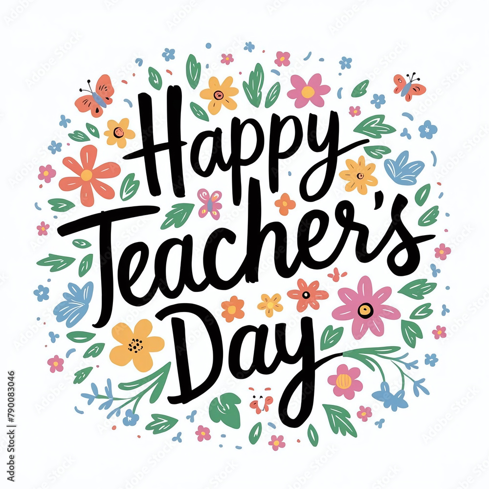 Happy teacher's day label in doodle style, fun, Flower theme, I love you teacher Happy teacher's day label in doodle style, fun, Flower theme, I love you teacher