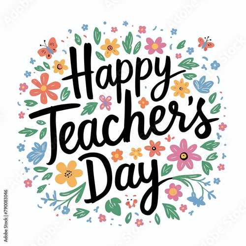 Happy teacher's day label in doodle style, fun, Flower theme, I love you teacher