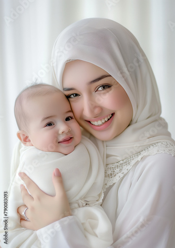 Pretty muslimah mother and adorable baby, mother's day, Hijab mother, smiling mother and daughter, I love mom, Malaysia mother, Hibah, Takaful, Insurance protection, Medical card photo