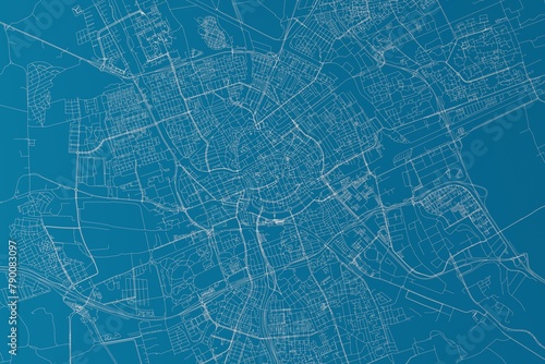 Map of the streets of Groningen (Netherlands) made with white lines on blue background. 3d render, illustration