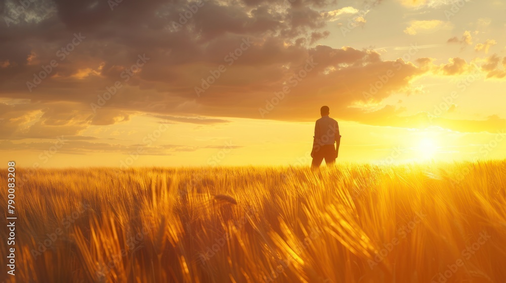 A farmer standing amidst a field of golden wheat at sunset, the idyllic scene symbolizing the bounty of the harvest A farmer standing amidst a field of golden wheat at sunset, the idyllic scene symbolizing the bounty of the harvest