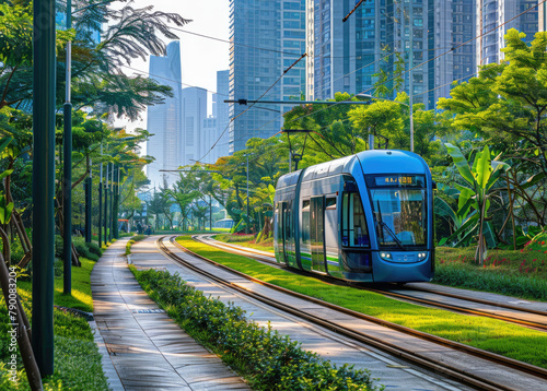 A light rail train with an exterior in shades of blue and green, passing through lush parklands along the city's streets.