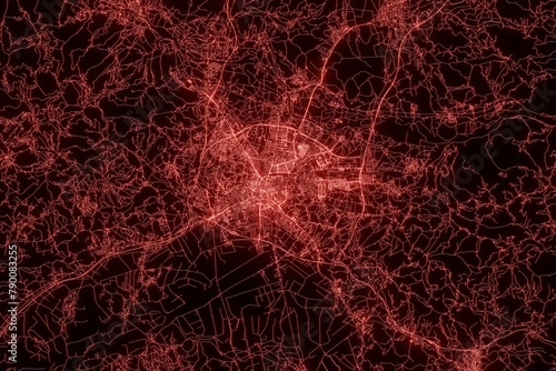 Street map of Ljubljana (Slovenia) made with red illumination and glow effect. Top view on roads network. 3d render, illustration