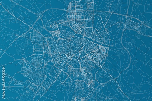 Map of the streets of Zaragoza (Spain) made with white lines on blue background. 3d render, illustration