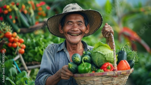 farmer with a basket of colorful vegetables, their smile reflecting the satisfaction of providing healthy food for their community © Attasit