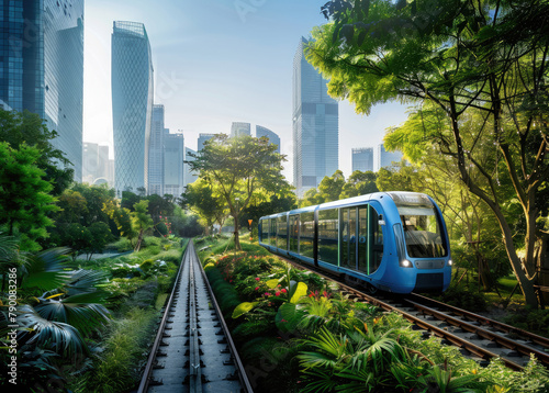 A light rail train with an exterior in shades of blue and green, passing through lush parklands along the city's streets.