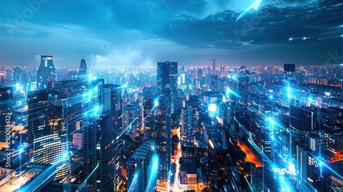 A futuristic city bathed in the radiant glow of energy-efficient lighting, designed by innovative electrical engineers