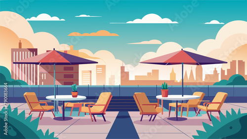 A rooftop terrace with beautiful views equipped with lounge chairs and tables for a serene and openair meeting space.