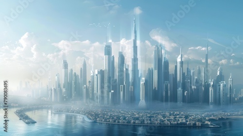 A futuristic city skyline dominated by towering skyscrapers designed by visionary engineers, symbolizing progress and innovation