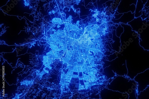Street map of Santiago (Chile) made with blue illumination and glow effect. Top view on roads network photo