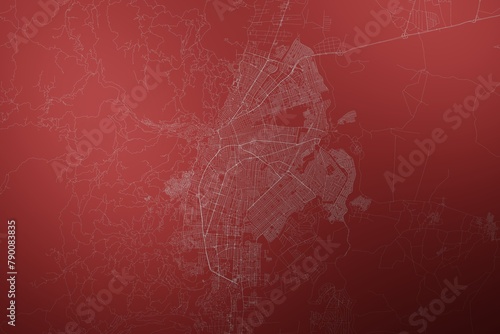 Map of the streets of Cali (Colombia) made with white lines on abstract red background lit by two lights. Top view. 3d render, illustration