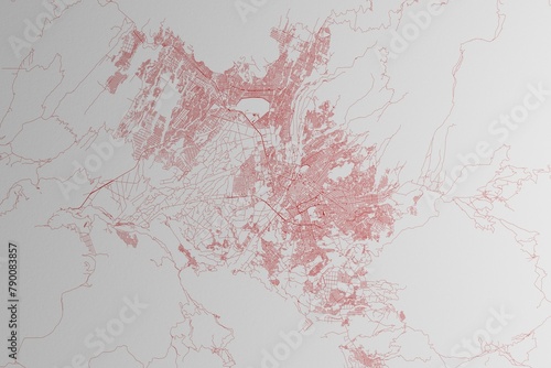Map of the streets of Arequipa (Peru) made with red lines on white paper. 3d render, illustration photo