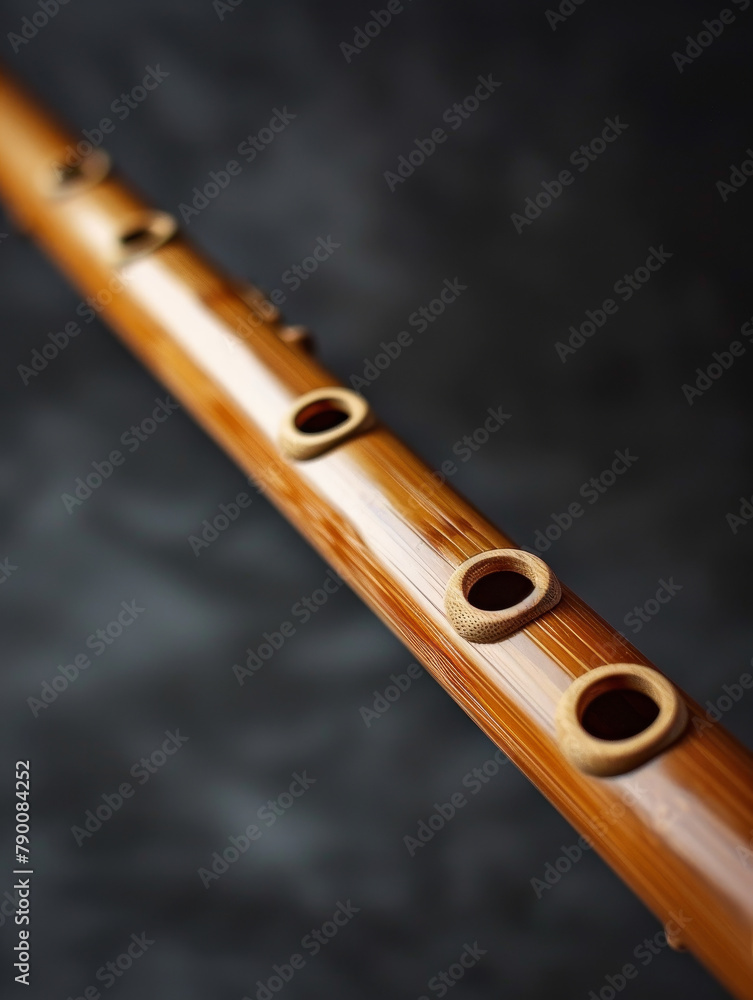 Naklejka premium Bamboo flute on a smooth grey surface with copy space.