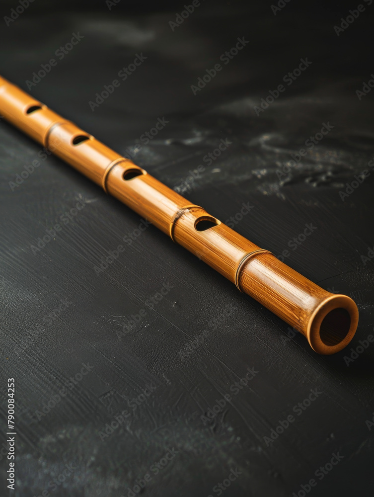 Naklejka premium Bamboo flute on a smooth grey surface with copy space.