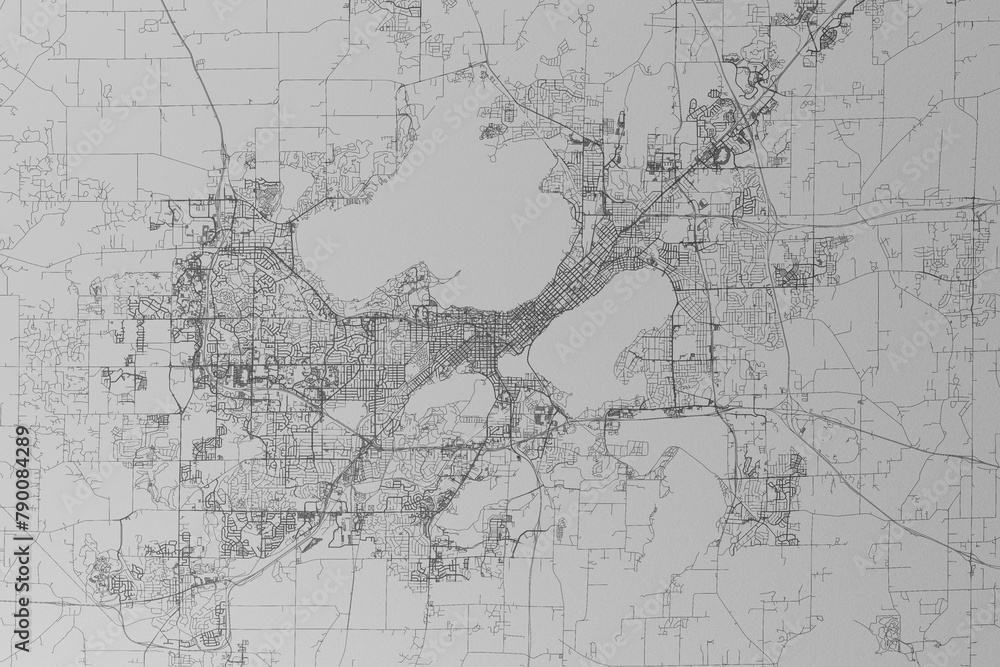Obraz premium Map of the streets of Madison (Wisconsin, USA) made with black lines on grey paper. Top view. 3d render, illustration
